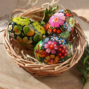 Hand-painted wooden Easter eggs in a basket - strong colors - Ukrainian Petrykivka painting