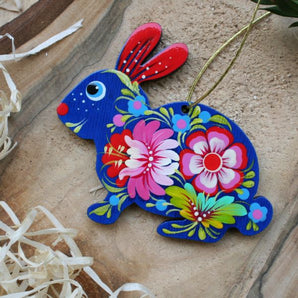 Cute Easter Bunny - wooden pendant with Ukrainian painting