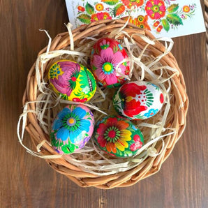 Easter basket with small hand painted Ukrainian eggs 5 pcs Pysanky