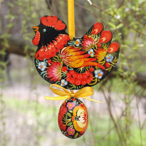 Creative hand painted Easter chicken with an egg - wooden Easter folk ornaments, black