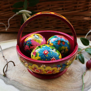 Easter table decoration - basket with wooden Easter eggs - original handcraft