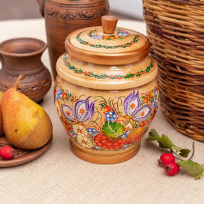 Wooden jar for bulk products in black and orange, Ukrainian art