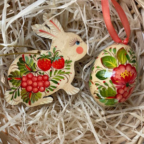 Hand painted Easter ornaments set - Easter rabbit, bell, three Easter eggs