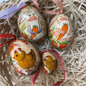 Funny wooden Easter eggs for hanging - 6.5 cm х 3 pcs and 3.5 х 1 pc. set, Easter bush decoration