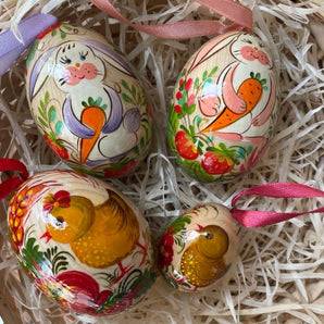 Funny wooden Easter eggs for hanging - 6.5 cm х 3 pcs and 3.5 х 1 pc. set, Easter bush decoration