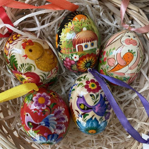 Hand-painted Easter eggs for hanging - 5 pcs set made of wood, Ukrainian traditional handicraft