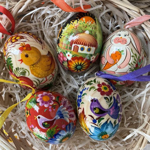 Hand-painted Easter eggs for hanging - 5 pcs set made of wood, Ukrainian traditional handicraft