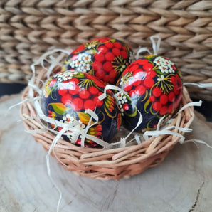 Ukrainian Easter eggs in basket - traditional black painted eggs Pysanky