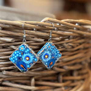 Wooden painted earrings with blue flowers - Ukrainian Art