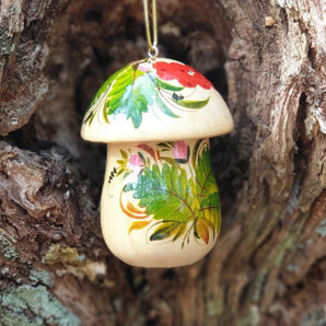 Handmade wooden mushroom-shaped Christmas tree decoration