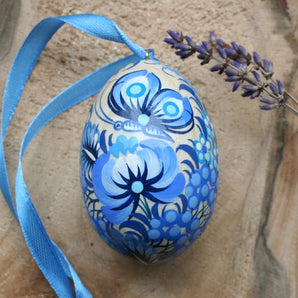 Hand painted wooden Easter egg with butterfly, blue