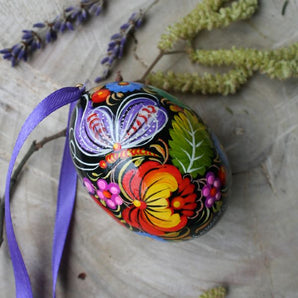 Hand painted wooden Easter egg with butterfly, black