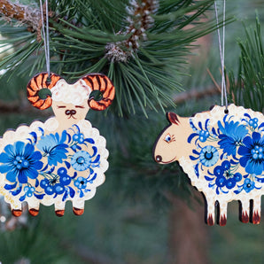 Christmas Sheep ornaments Set wooden Ukrainian-painted