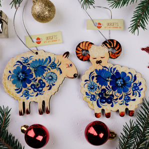 Christmas Sheep ornaments Set wooden Ukrainian-painted