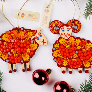 Funny Sheep Set of Ukrainian Flat Handcrafted Ornaments 