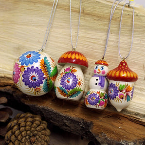 Ukrainian Handmade Wooden Ornaments – 4 Mini Christmas Tree Decorations