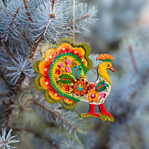 Pfau Weihnachtsbaumschmuck aus Holz – Handbemalt im Petrykiwka‑Stil