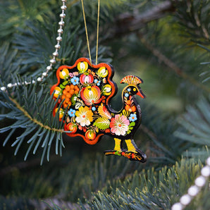 Paon Pendentif de Noël – Bois Peint à la Main Ukrainien