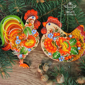 Christmas ornaments set- Rooster and Chicken- fine hand painted