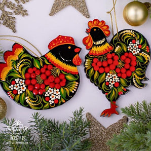 Weihnachtsmuck-Set aus Holz -Hahn und Huhn-zartbemalt