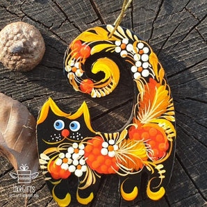 Schwarze Katze Christbaumanhänger aus Holz
