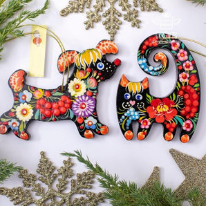 Katze und Hund Weihnachtsbaumschmuck Tiere aus Holz handbemalt