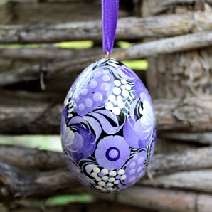 Purple hand painted with flowers wooden Easter egg, Ukrainian Pysanky
