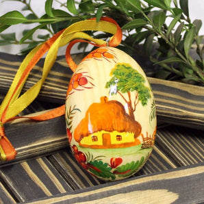 Ukrainian Easter egg with the house pattern, rustic hand painted