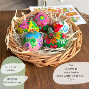 Easter basket with small hand painted Ukrainian eggs 5 pcs Pysanky