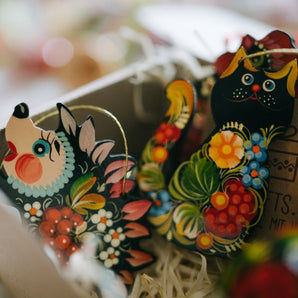 Cat wooden Cristmas ornaments, Ukrainian art