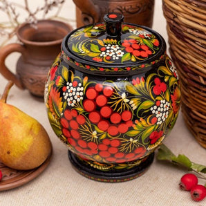 Wooden jar for bulk products with Petrykivka-painting