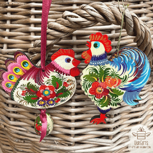 Hand painted Easter ornaments set - Easter chicken with egg and rooster decoration