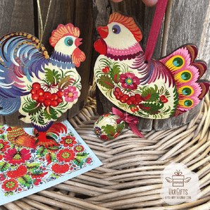 Hand painted Easter ornaments set - Easter chicken with egg and rooster decoration