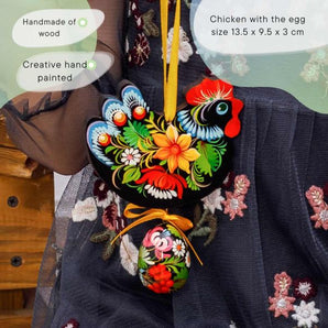 Pretty hand painted Easter chicken with an egg - wooden folk Easter ornaments