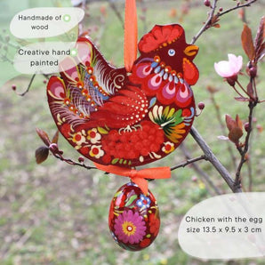 Easter ornament made of wood Chicken with the egg, hand painted in Ukraine