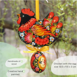 Creative hand painted Easter chicken with an egg - wooden Easter folk ornaments, black