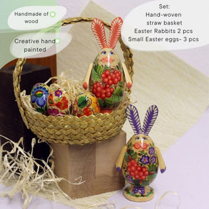 Pretty Easter gift basket - 2 funny Easter rabbits, 3 small Easter eggs made of wood - handicrafts