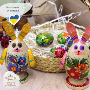 Easter rabbits with eggs in basket handmade Easter gifts