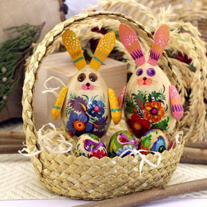 Easter rabbits with eggs in basket handmade Easter gifts