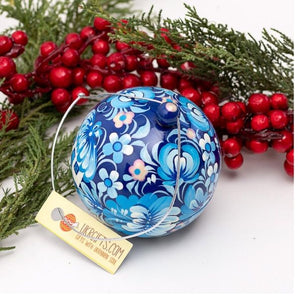 Blue Christmas ball hand painted with country Ukrainian house 8 cm