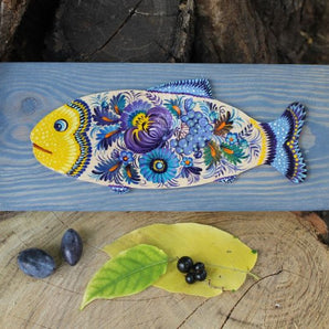 Fish - wall decoration on blue wood, handpainted