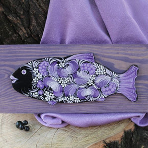 Fish - wooden wall decoration on lilac background, hand painted