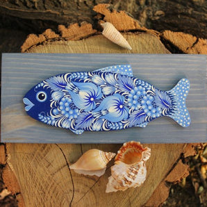 Dark-blue fish -wall decoration with floral pattern