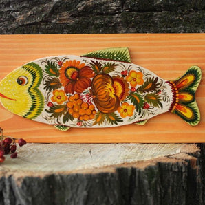 Fish - wall decoration on orange wood, handmade