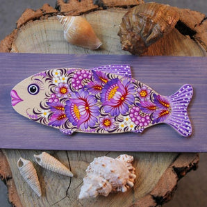 Fish - wooden wall decor on lilac with delicate floral pattern