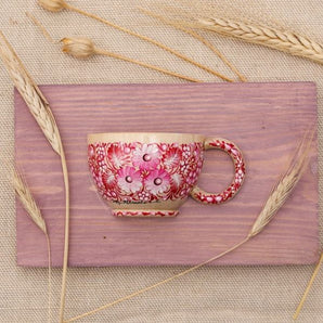 Beautiful wall art, wooden hanging cup with pink flowers