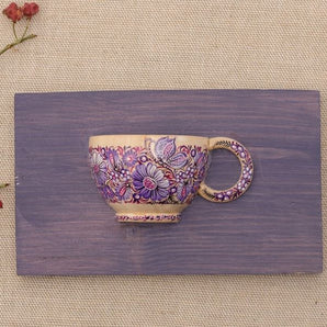 Pretty wooden wall decor, small hand painted cup