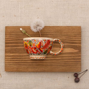 Rustic wooden wall decor, small hand painted cup