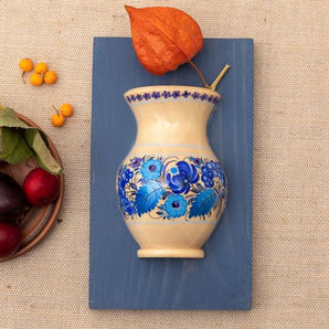 Rustic wall decor, hanging vase for the dry flowers with ukrainian painting, traditional crafts