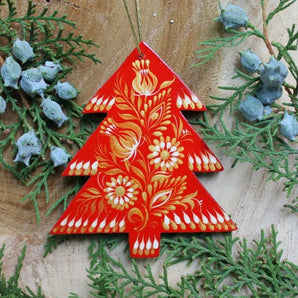 Rot-goldener Tannenbaum aus Holz - handbemalter Baumschmuck